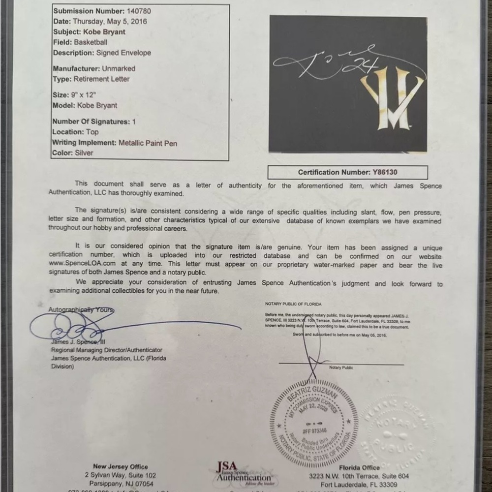 Kobe Bryant Signed Retirement Letter Envelope - Picture 2 of 8